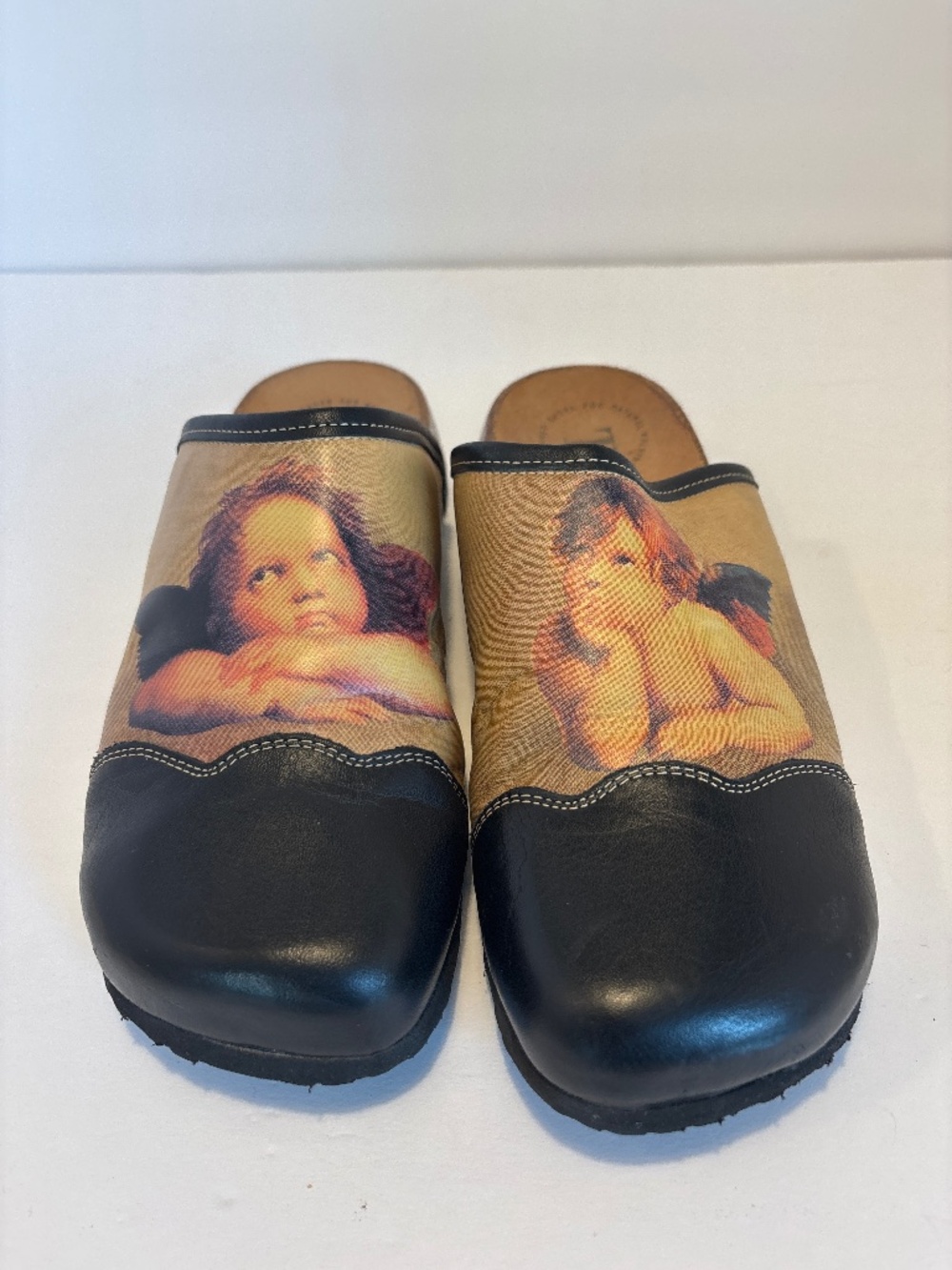 Vintage 90’s Think! Leather Mule Clogs Painted Angel Design 39